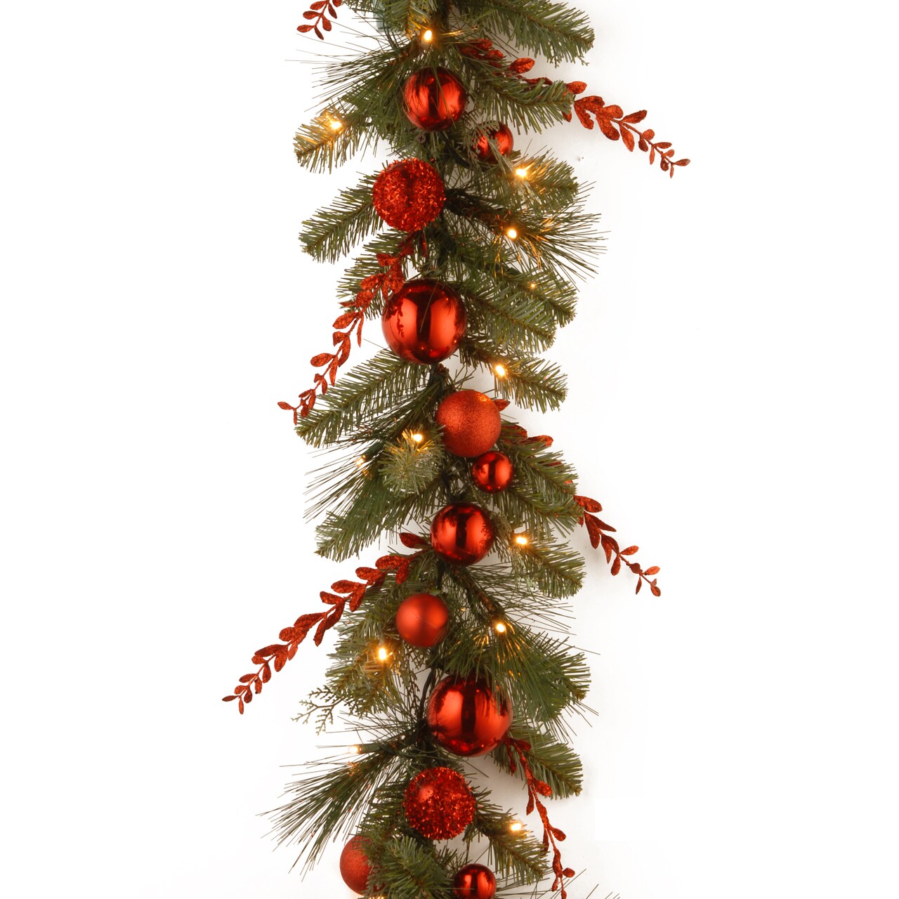 National Tree Company Pre Lit Artificial Christmas Garland Green Evergreen White Lights Decorated With Glittered Stems Ball Ornaments Battery